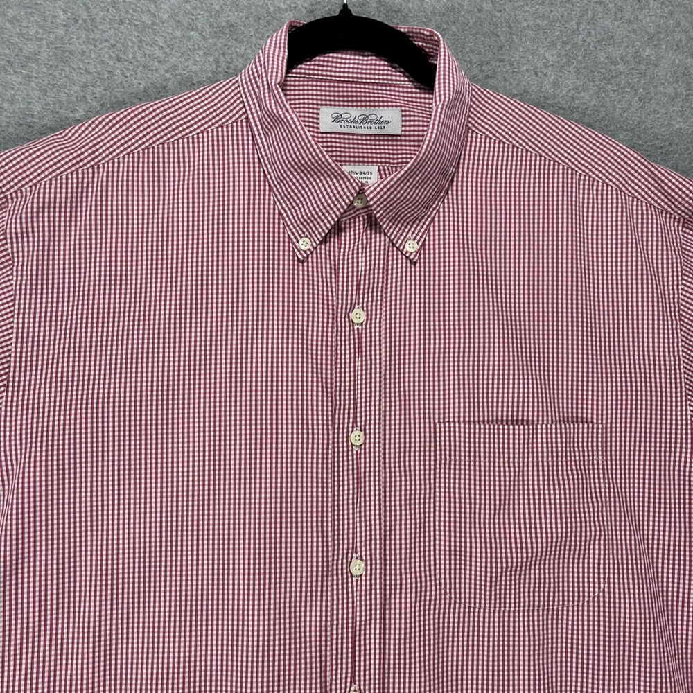 Brooks Brothers Button Down Shirt Mens 17.5 34/35 Burgundy Gingham Preppy Ivy